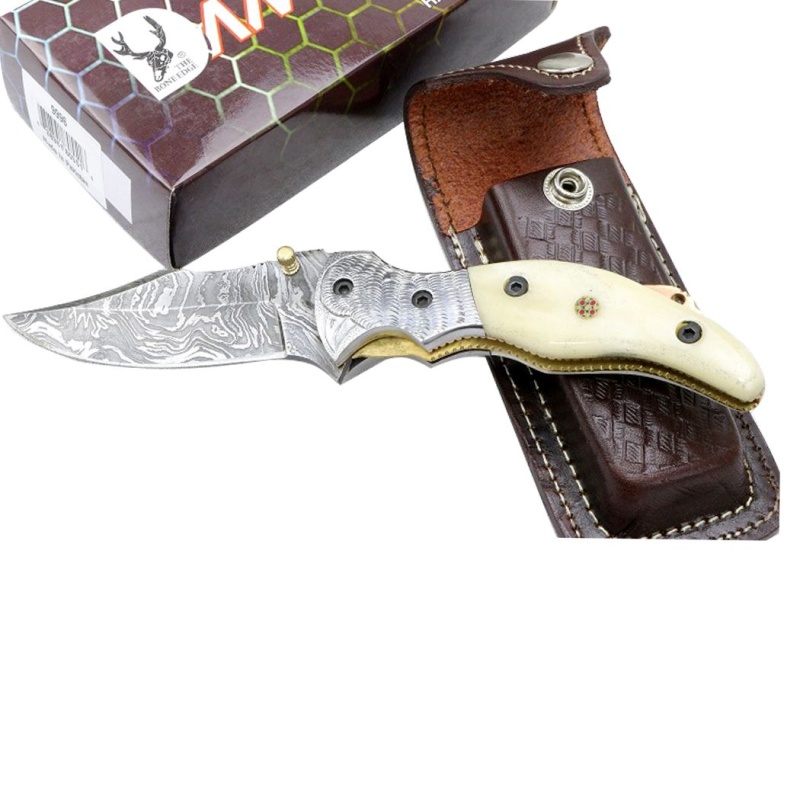 Theboneedge 7.5" Damascus Blade Folding Knife Horn Handle Handmade With Sheath