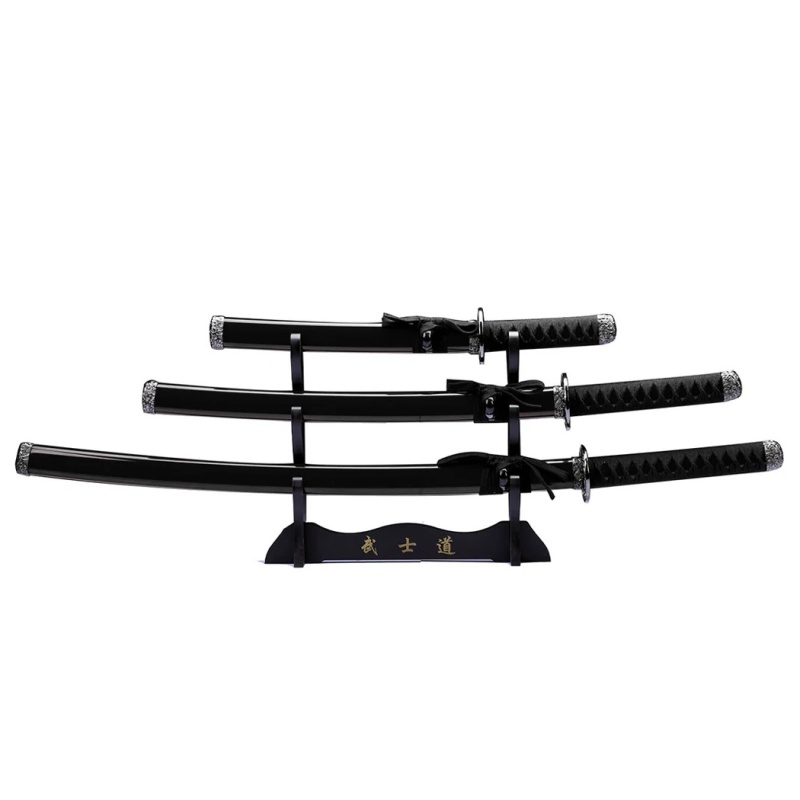 All-Black 3-Piece Samurai Sword Set with Stand