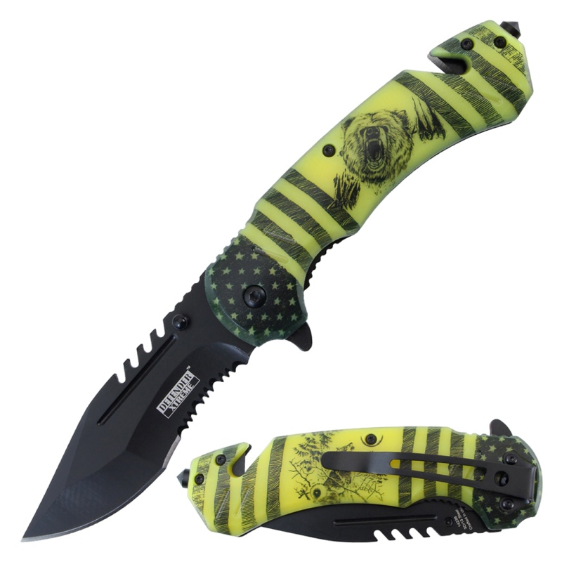 Defender-Xtreme 8.5" Bear Pattern Handle Spring Assisted Folding Knife
