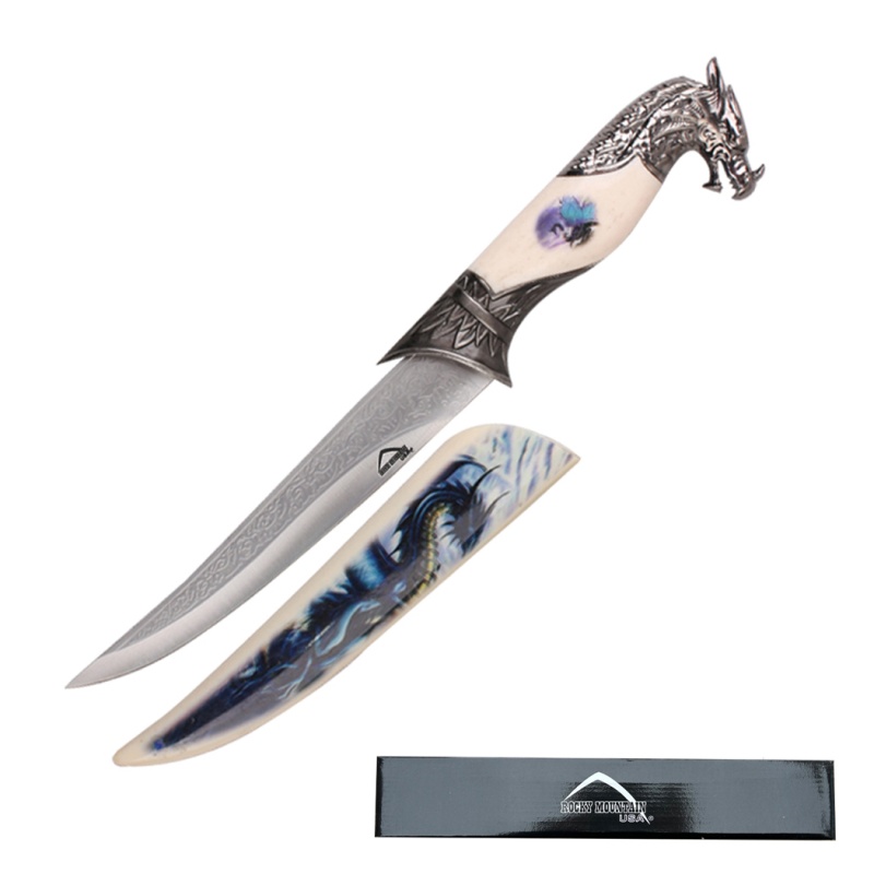 13.5" Dragon Head Stainless Steel Engrave Blade Fantasy Dagger With White Scabbard