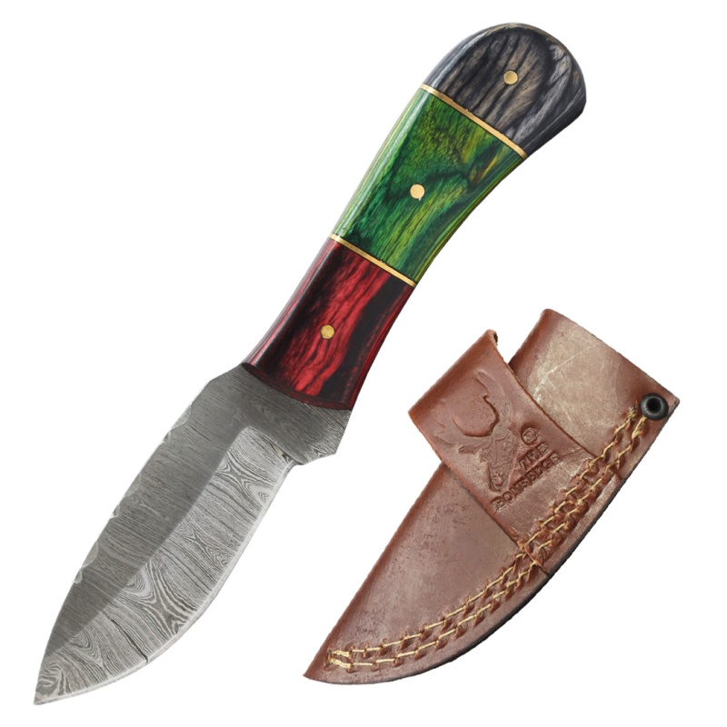 Theboneedge 6" Black/Green/Red Wood Handle Damascus Blade Hunting Knife With Sheath