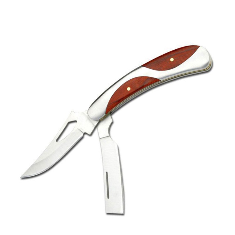 6" Slip-Joint Razor Style & Clip Point Blade Folding Knife W/ Steel & Wood Inlay Handle