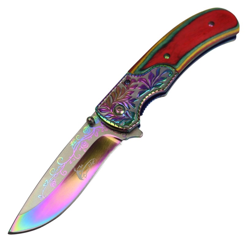 Theboneedge 8.5" Titanium Coated Packawood Handle Spring Assisted Folding Knife