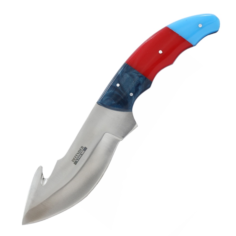 Defender-Xtreme 9" Gut Hook Blade Sky/Red/Black Resin Handle Hunting Knife With Leather Sheath