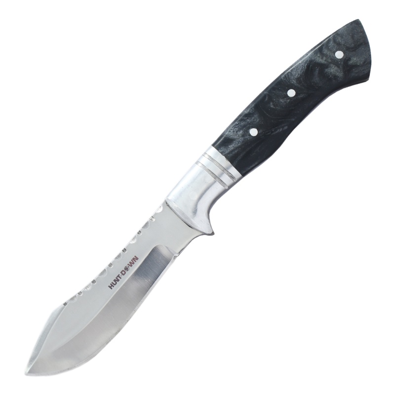 Hunt-Down 8" Black Resin Handle Steel Bolster Stainless Steel Blade Hunting Knife With Leather Sheath