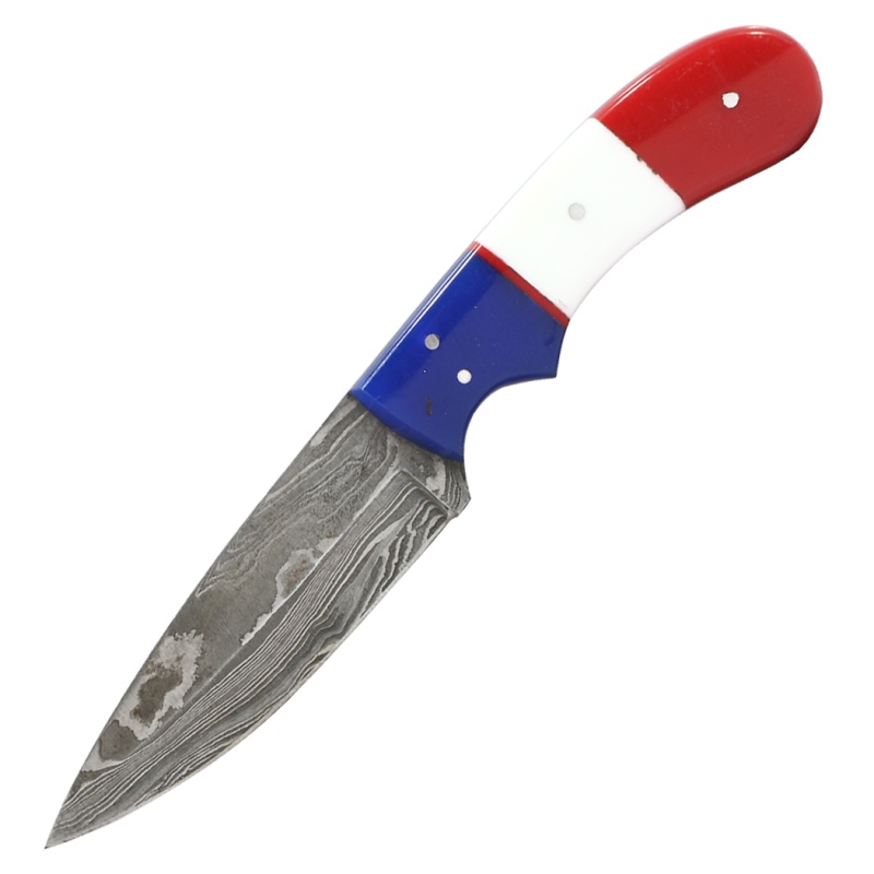 Theboneedge 8" Blue/White/Red Resin Handle Damascus Blade Hunting Knife With Sheath