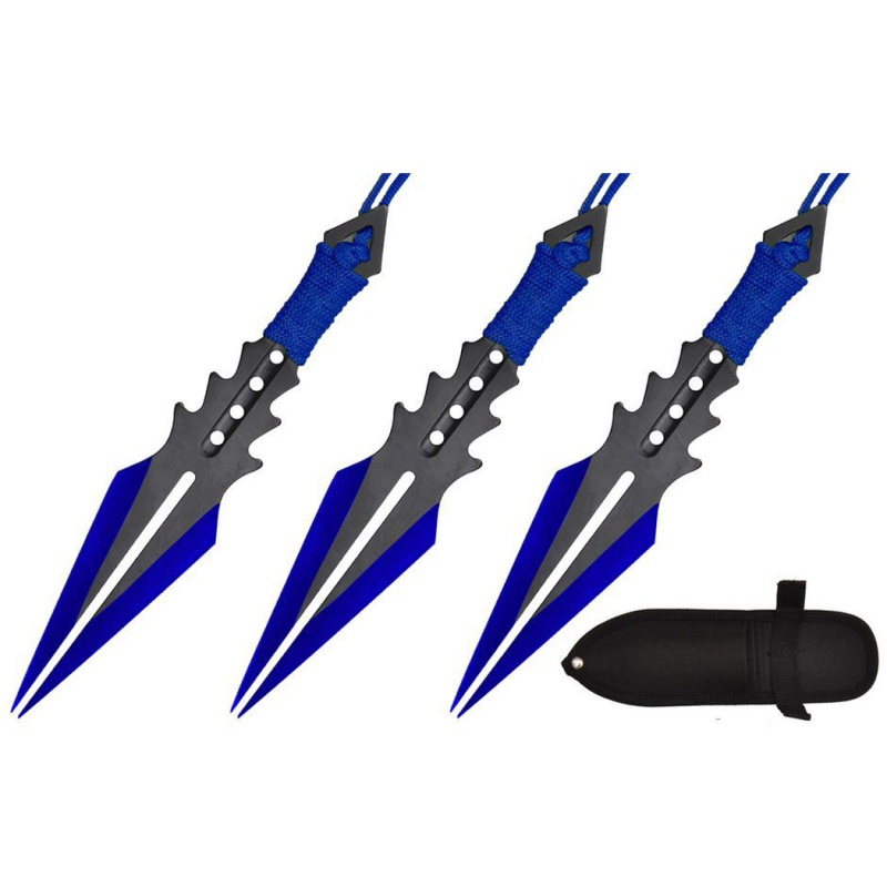 7.5" Split Blade Throwing Knife W/ Blue Cord Wrapped Handle 3Pc Set