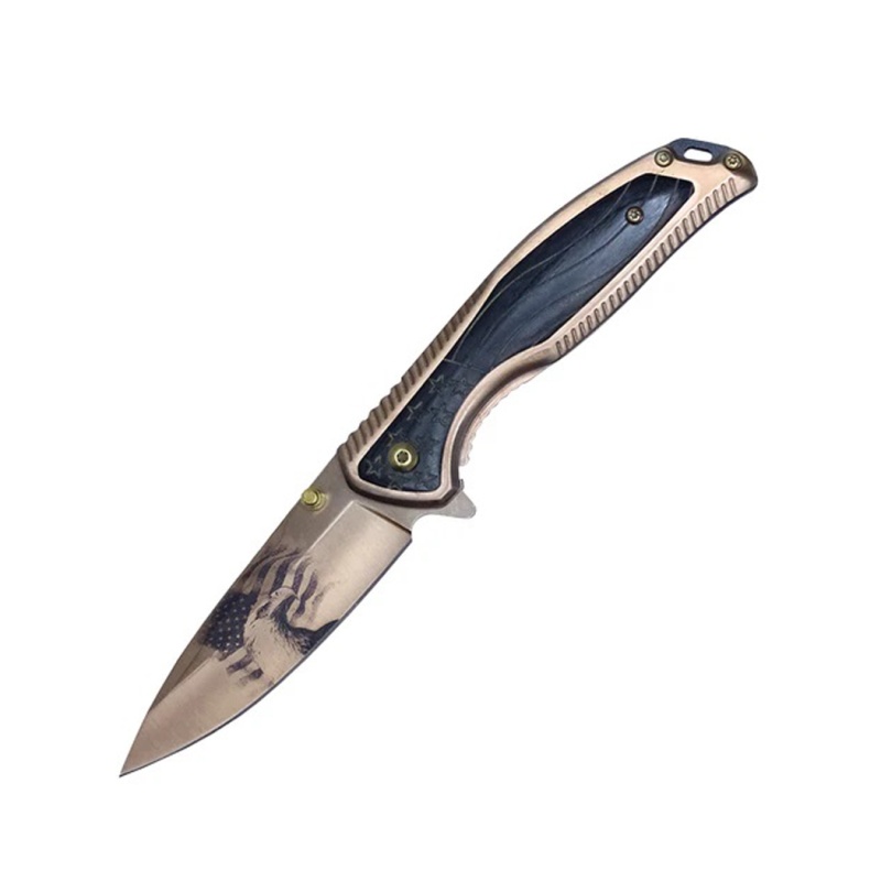 8" Copper Plated Eagle Graphic Blade Spring Assisted Pocket Knife W/ Wood Inlay Handle