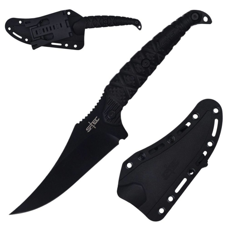 9.5" Full Tang Stainless Steel Black Trailing Point Blade Hunting Knife W/ Abs Swivel Sheath