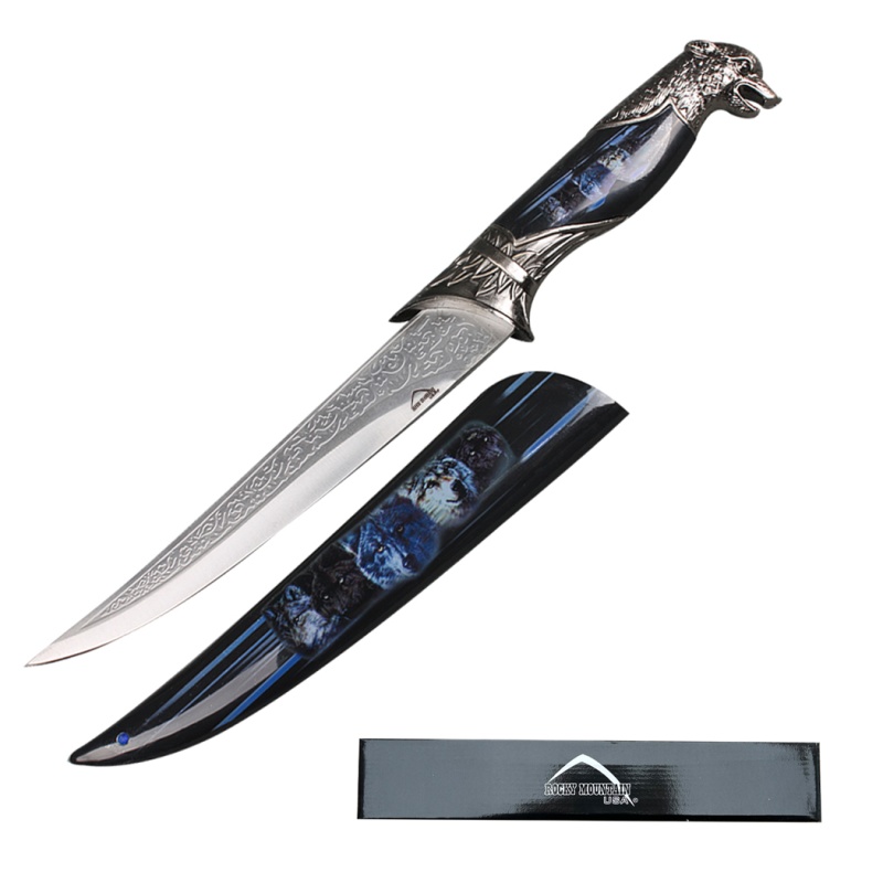 13.5" Wolf Head Stainless Steel Engrave Blade Fantasy Dagger With Black Scabbard