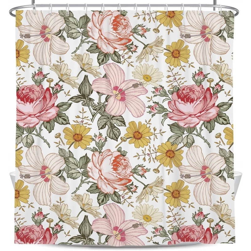 72"W X 84"H Vintage Floral Peony Pink Polyester Shower Curtain