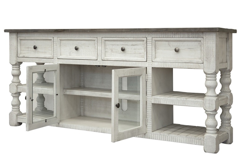 81" Ivory Solid Wood Open Shelving Distressed Tv Stand