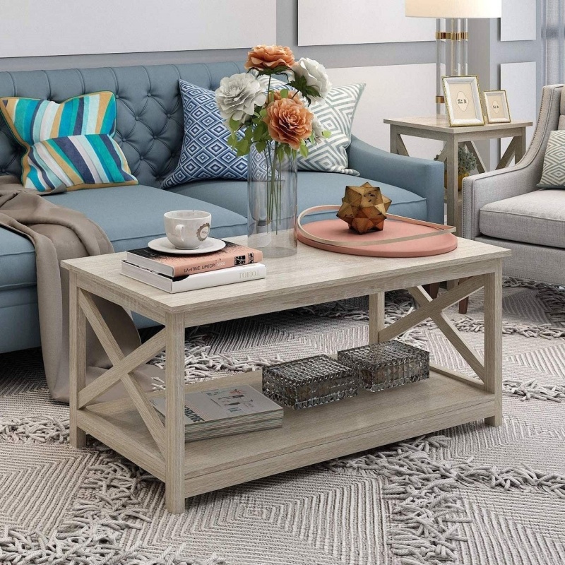 Contemporary Farmhouse Coffee Table in Rustic White Oak Wood Finish by
