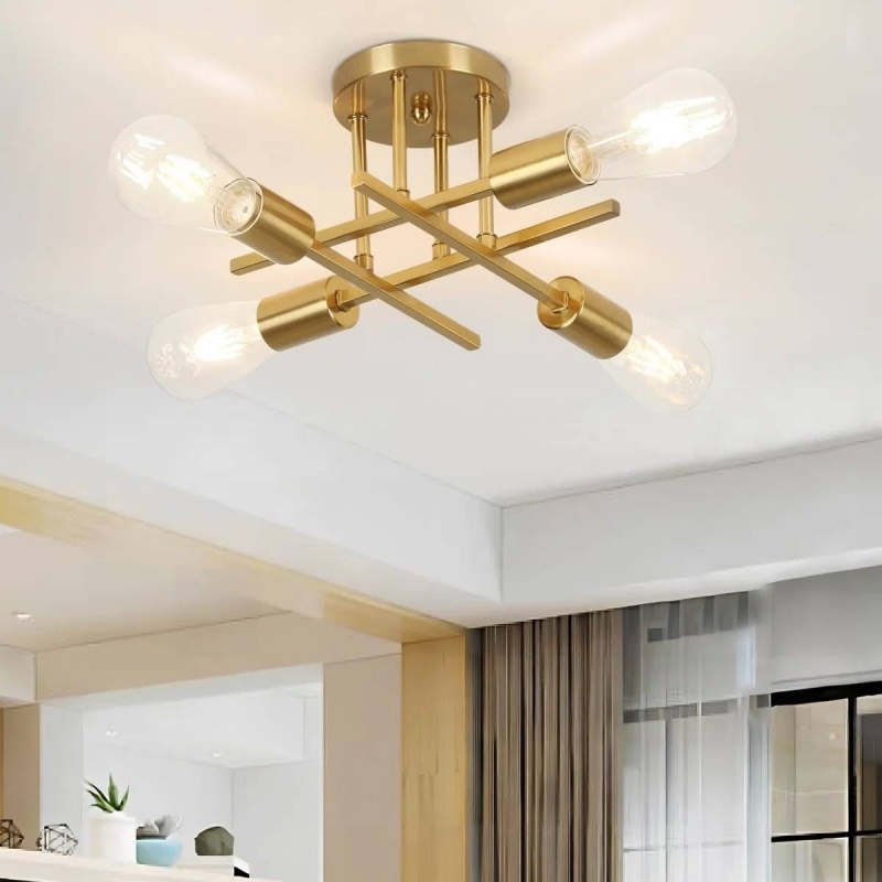 4-Light Flush Mount Modern Sputnik Ceiling Light Fixture In Brass Finish