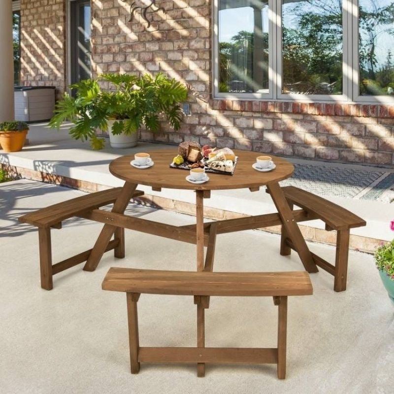Outdoor Solid Wood Round Picnic Table Set With Umbrella Hole And 3 Benches