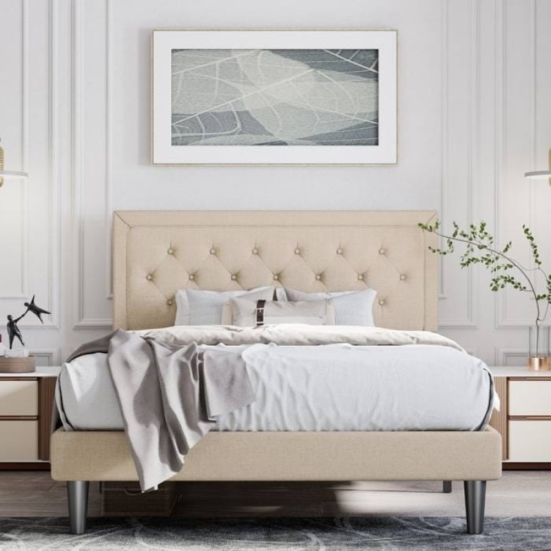 King Adjustable Height Platform Bed Frame With Beige Upholstered Headboard