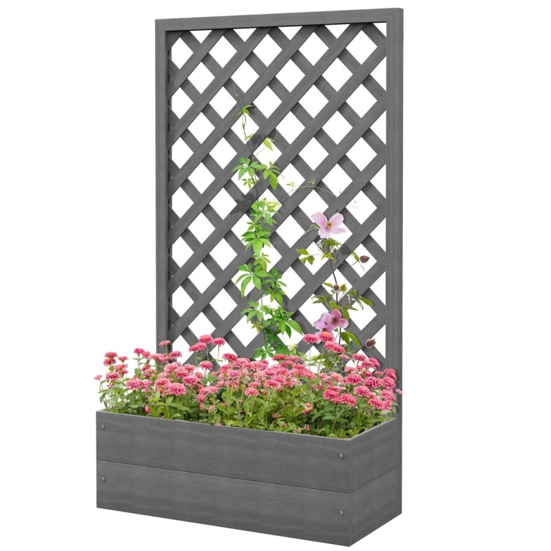 Outdoor Raised Garden Bed Planter Box With Lattice Trellis In Grey Wood Finish