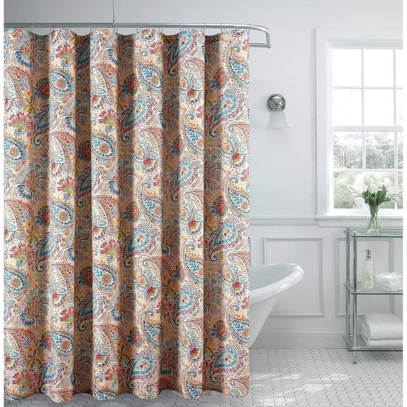 72-In. Paisley Polyester Fabric Shower Curtain In Vibrant Teal Red Yellow White