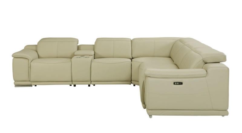 Beige Italian Leather Power Reclining U-Shaped Six-Piece Corner Sectional with Console