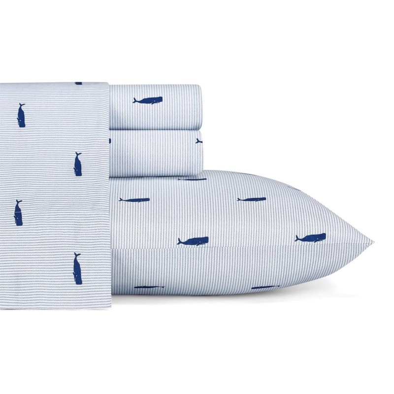 King Size Coastal Beach Cotton Navy Blue White Stripe Sheet Set