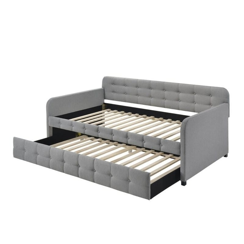 Gray Tufted Polyester Linen Twin Daybed With Trundle