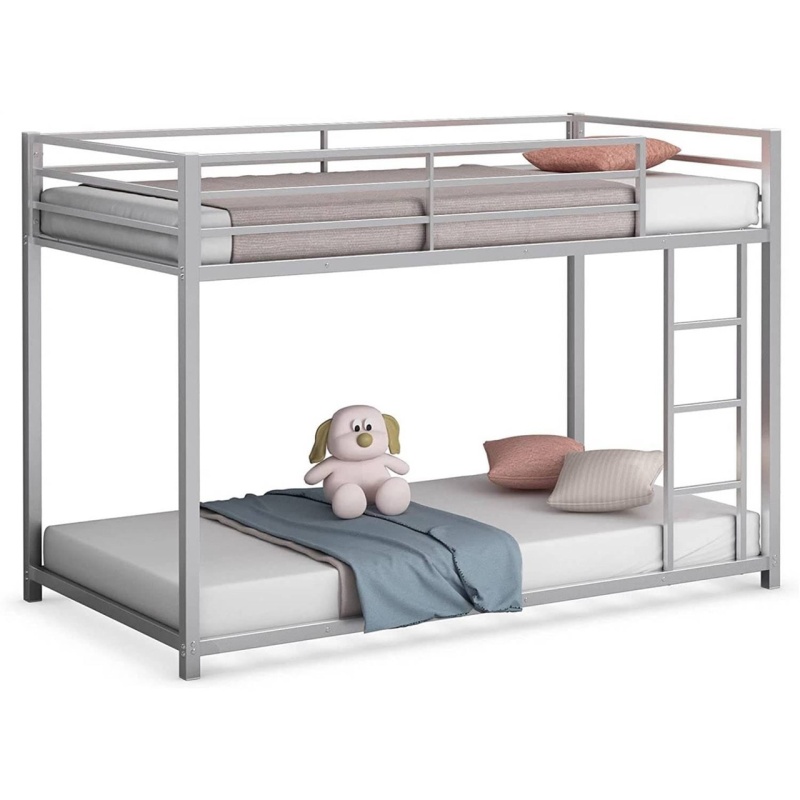 Twin Over Twin Low Profile Modern Bunk Bed In Silver Metal Finish