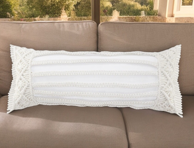 14" x 36" White Textured Indoor Outdoor Throw Pillow With Fringe
