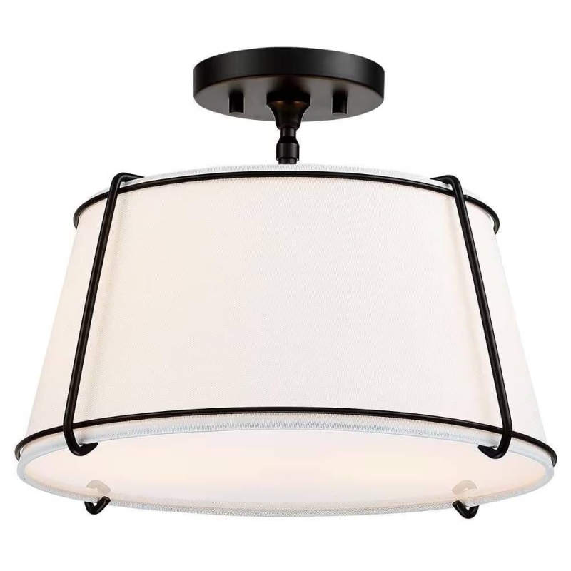 2-Light Round 15-Inch White Drum Ceiling Light W/ Black Metal - Semi-Flush Mount