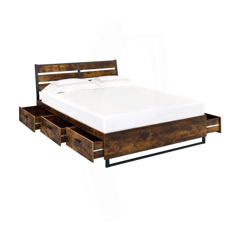 King Size Industrial Slatted Headboard Platform Bed Frame With 6 Storage Drawers
