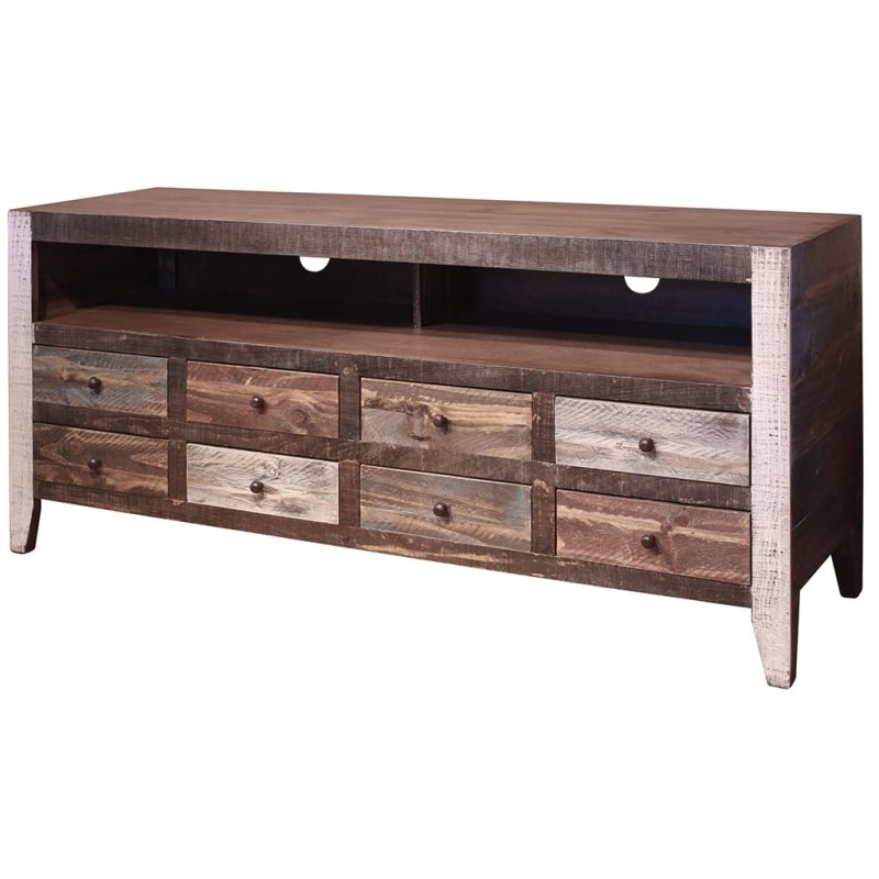 61" Brown Solid Wood Cabinet Enclosed Storage Distressed Tv Stand