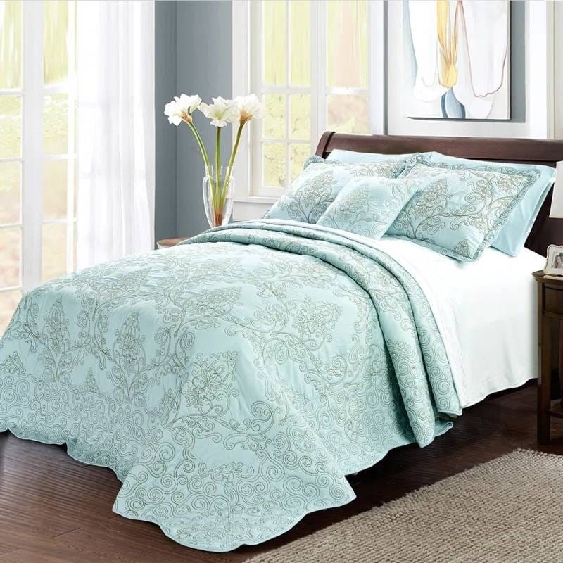 King Size Light Blue Damask Embroidered 4 Piece Oversized Bedspread Set