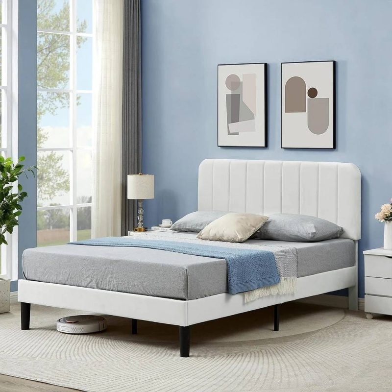 Full Size White Upholstered Platform Bed Frame With Headboard