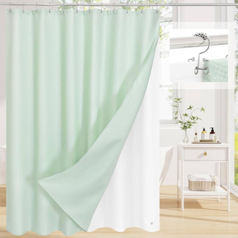 Mint Green Waffle Textured Shower Curtain Set With Liner