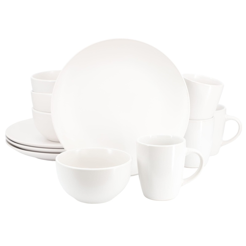 Gibson Home Everyday Plus 12 Piece Round Stoneware Dinnerware Set In White