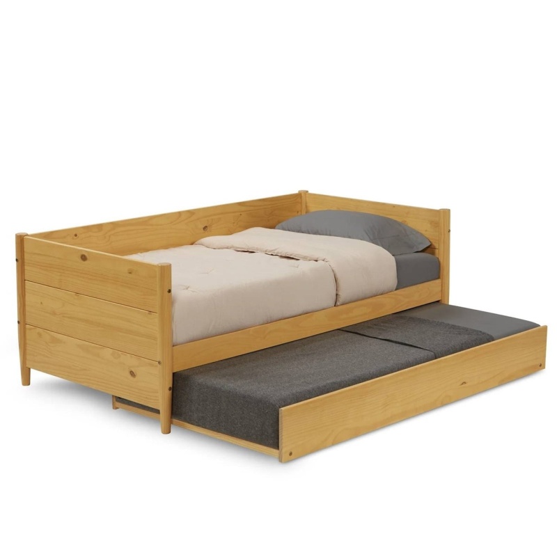 Twin Solid Wood Daybed With Roll Out Trundle Bed Frame In Light Yellow Brown