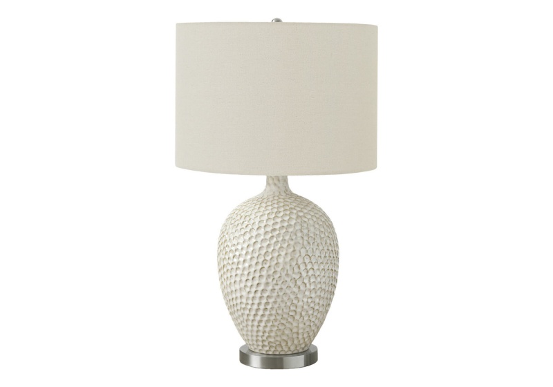 28" White And Silver Ceramic Round Table Lamp With Cream Drum Shade