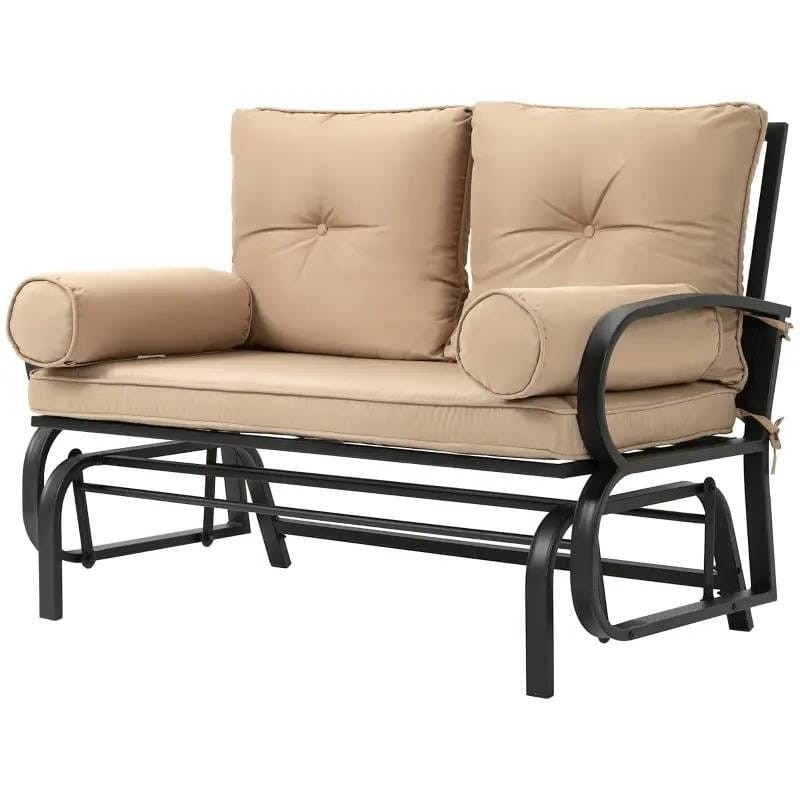 Outdoor Patio Rocking Glider Loveseat with Tan Khaki Cushions