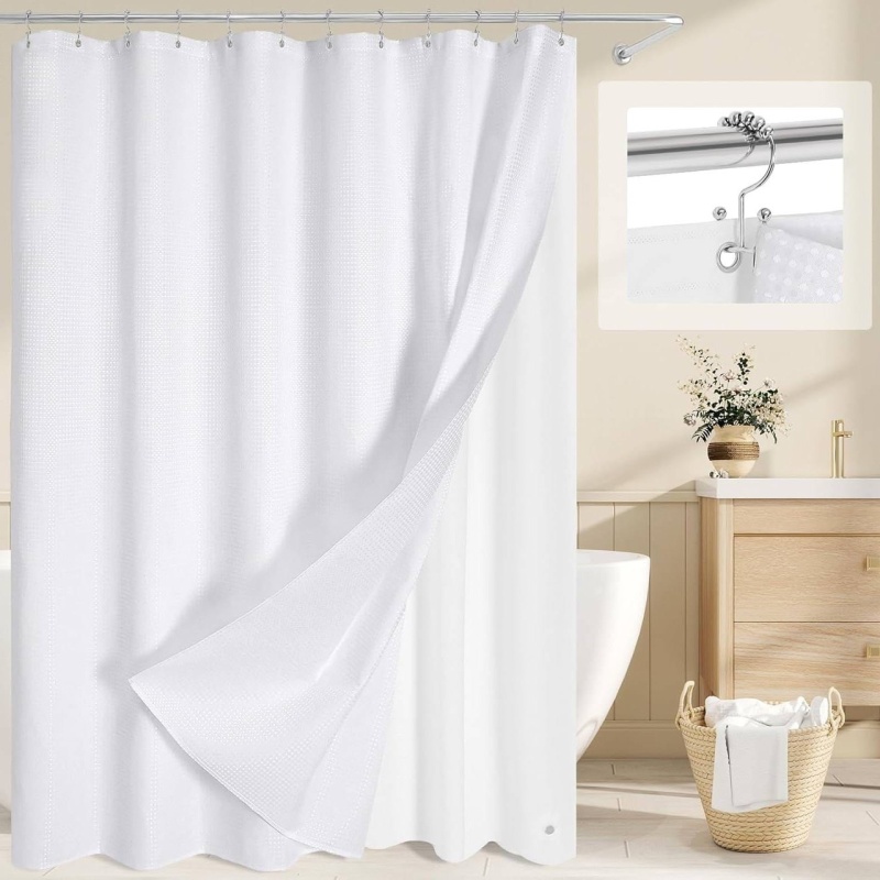 72"W X 72"H White Waffle Textured 3 In 1 Shower Curtain Set