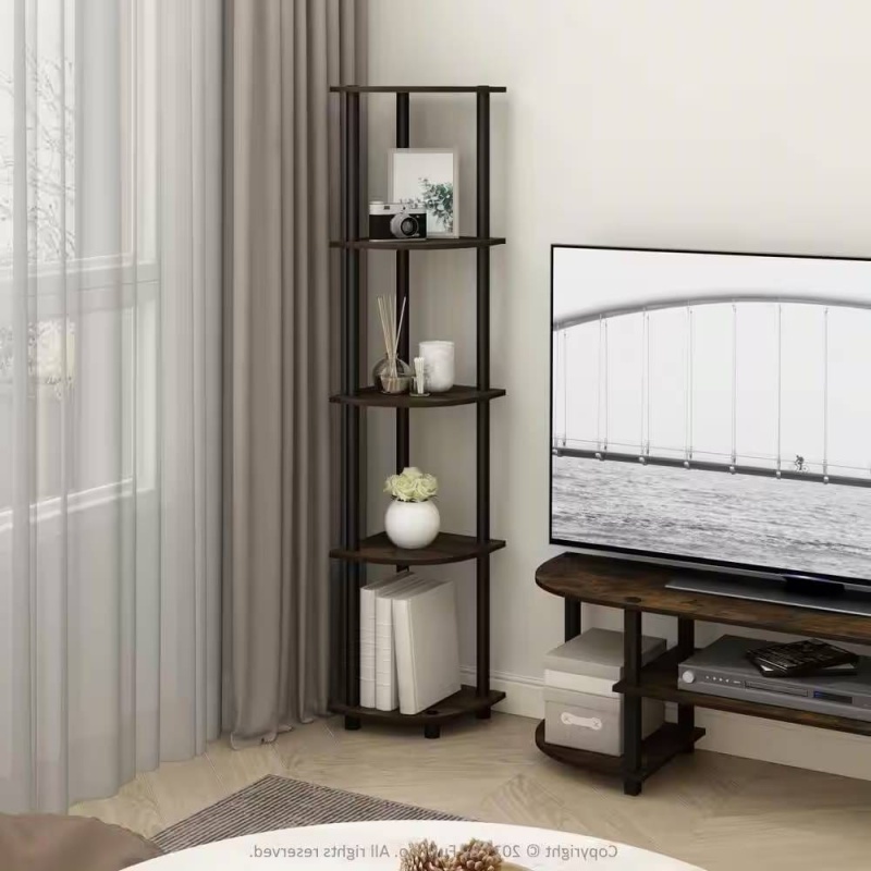 5-Shelf Modern Corner Bookcase In Black Brown Wood Finish