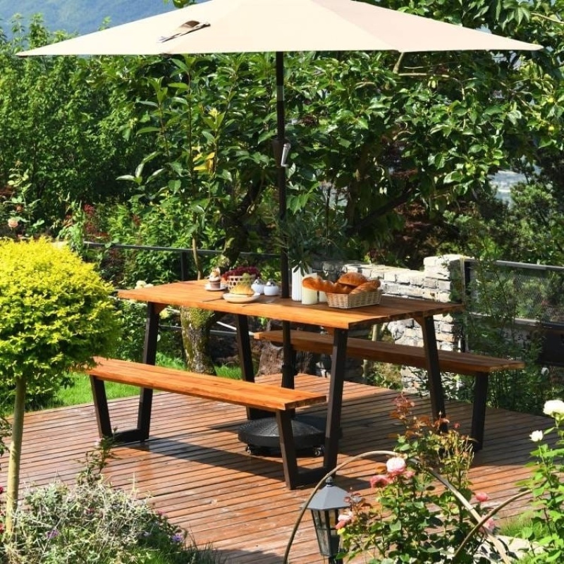 Modern Wooden Picnic Table With 2 Benches Outdoor Patio Dining Set
