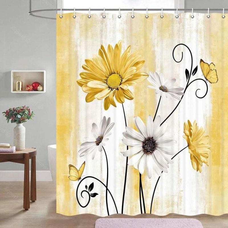 Yellow Vibrant Floral Butterfly Polyester Shower Curtain