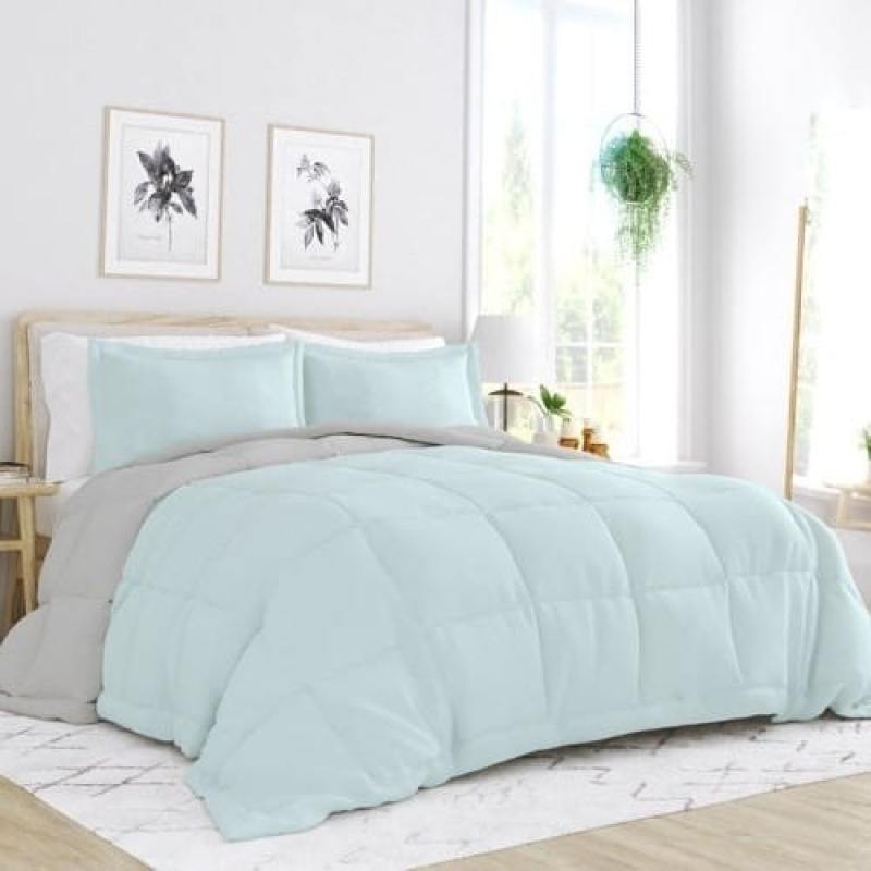 Full/Queen 3-Piece Aqua Blue and Grey Reversible Comforter Set