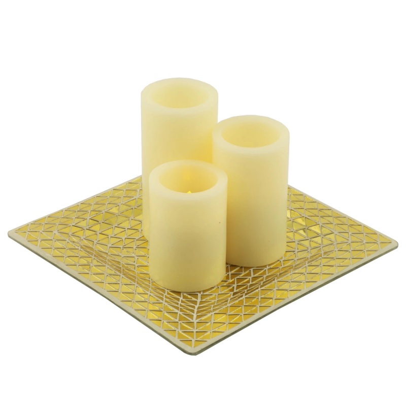 Set Of Three Ivory Flameless Pillar Candles With Gold Holder