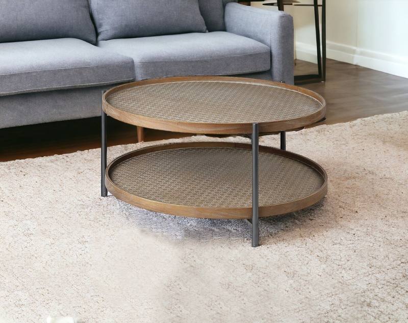 33" Brown and Black Wood and Metal Two Tier Coffee Table