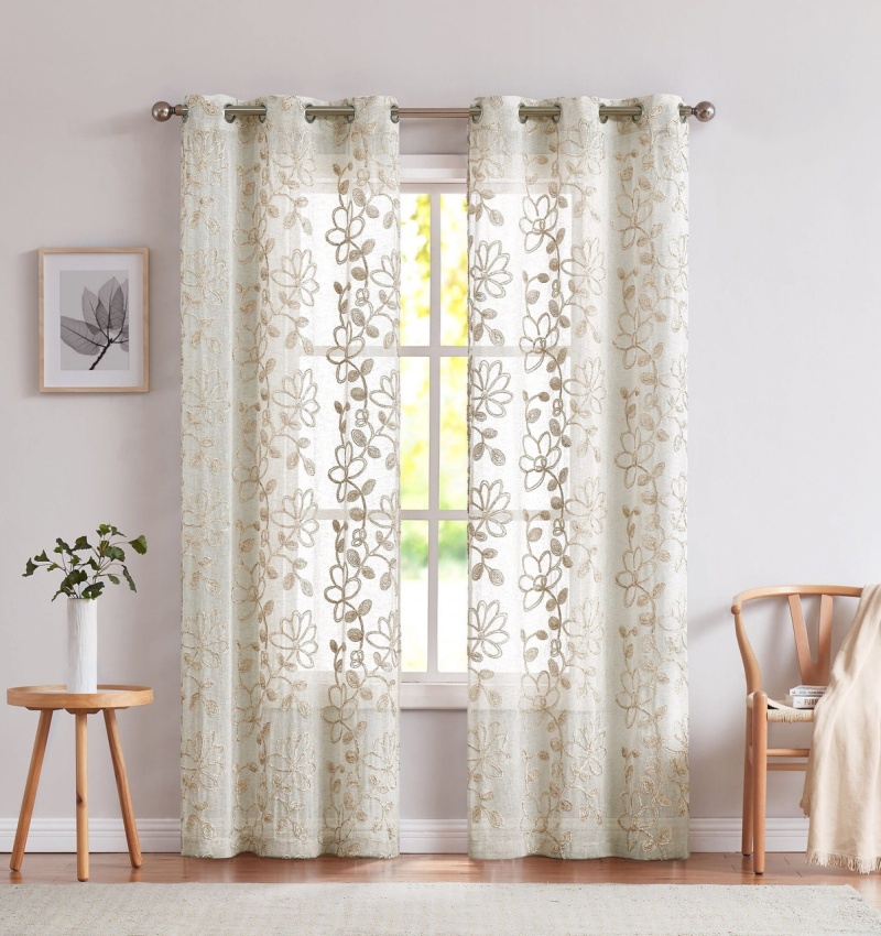 Set Of Two 84" Tan Floral Embroidered Window Panels