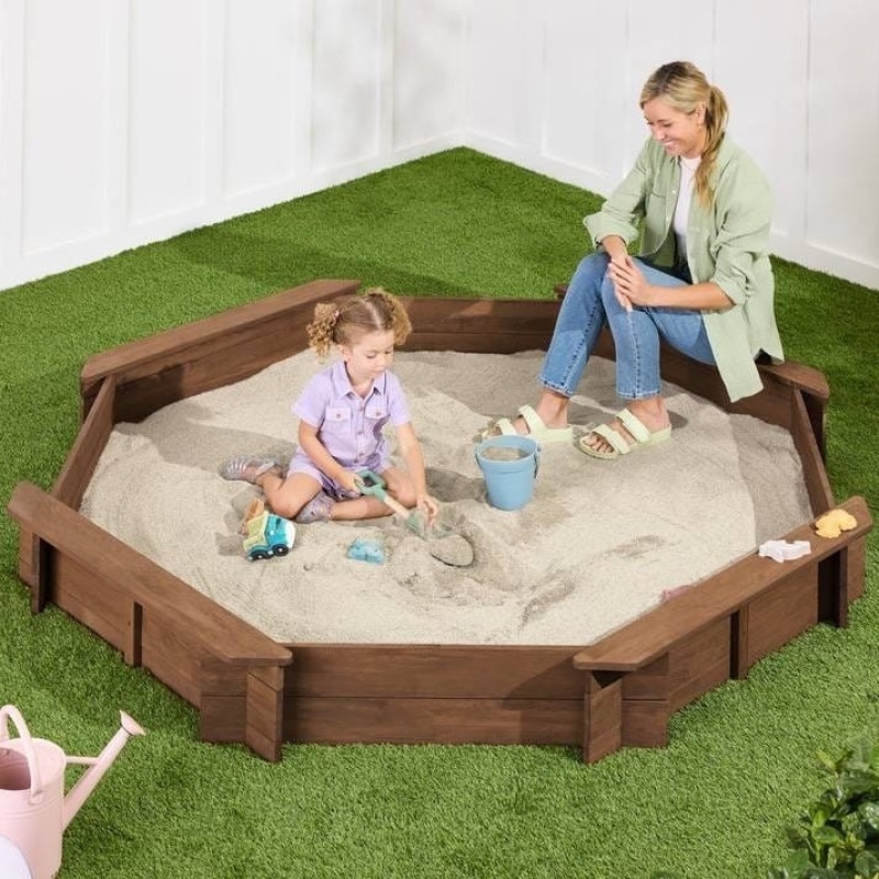 Kid's Octagonal Sandbox In Walnut Wood Finish