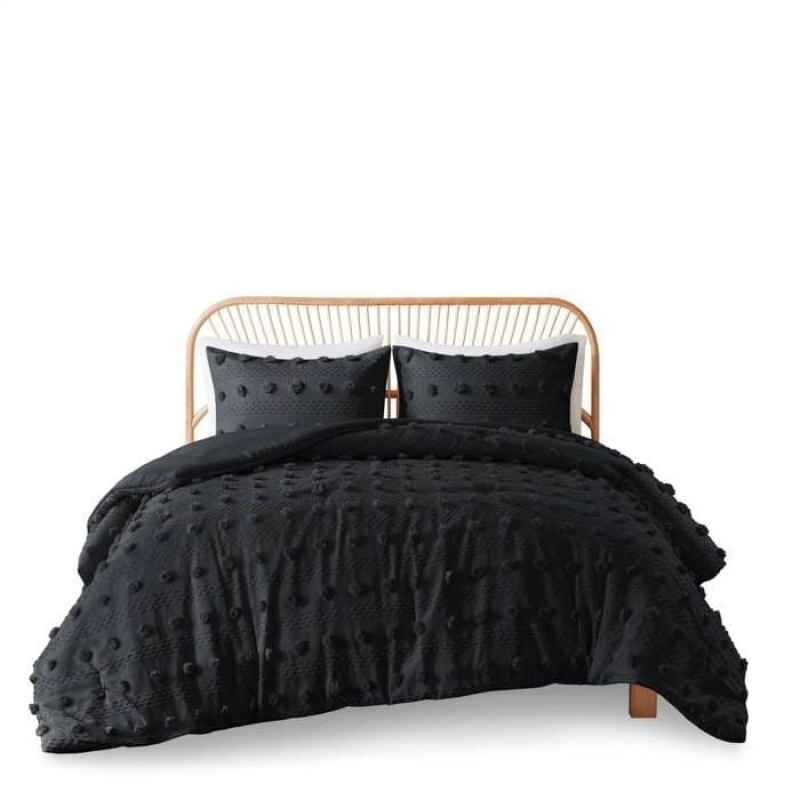 King/Cal King 3 Piece Pompom Comforter Set in Black