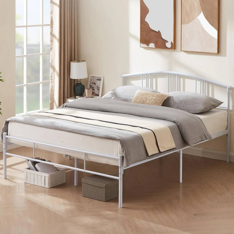 Twin Size White Metal Platform Bed Frame With Arched Headboard