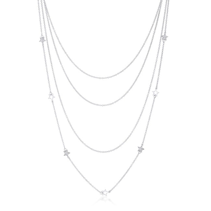 Multi-Chain Rhodium Star Necklace With Cz
