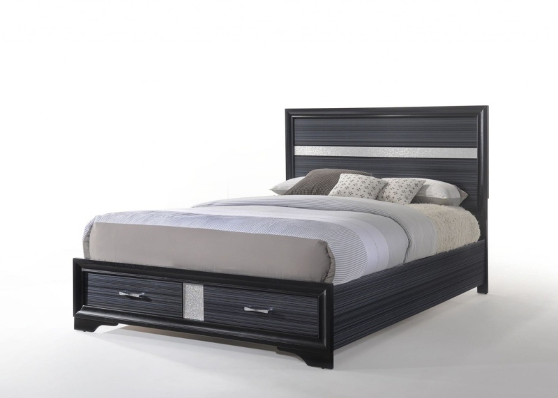 Beige And Black Upholstered Wool Two-Drawer Bed